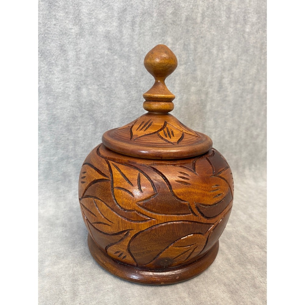 Round Hand Carved Wood Container With Lid Floral Design Decorative Trinket Box